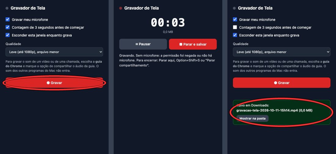 Três telas da extensão de gravador de tela