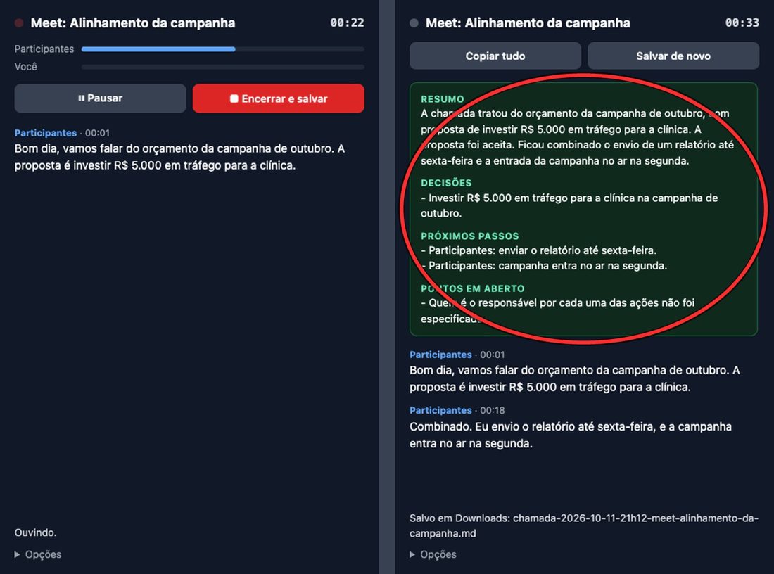 Transcrição de chamada com o resumo, as decisões e os próximos passos